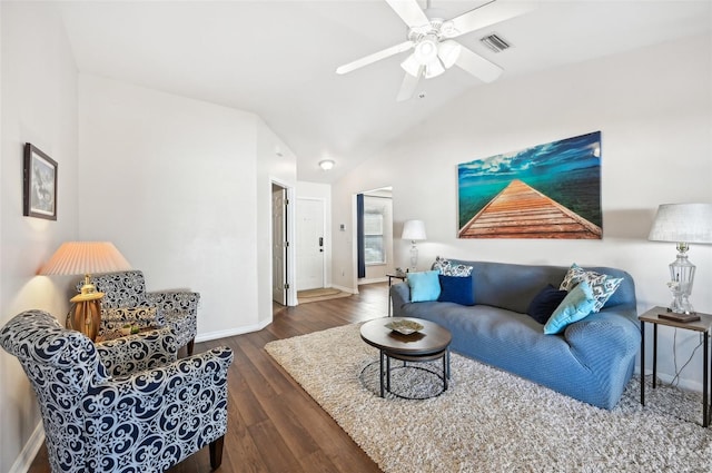 living room featuring ceiling fan, dark hardwood / wood-style floors, and lofted ceiling