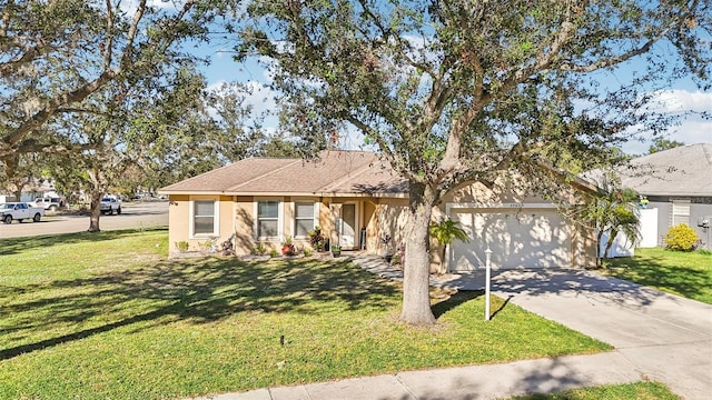 single story home with a garage and a front lawn