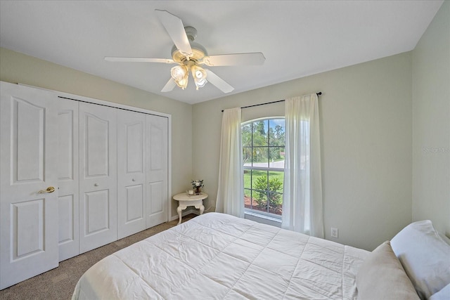 bedroom featuring ceiling fan, carpet, and a closet