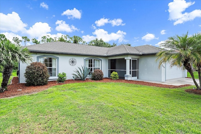 single story home with a garage and a front yard