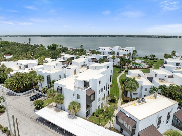 aerial view featuring a water view and a residential view