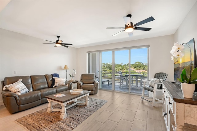 living room with ceiling fan