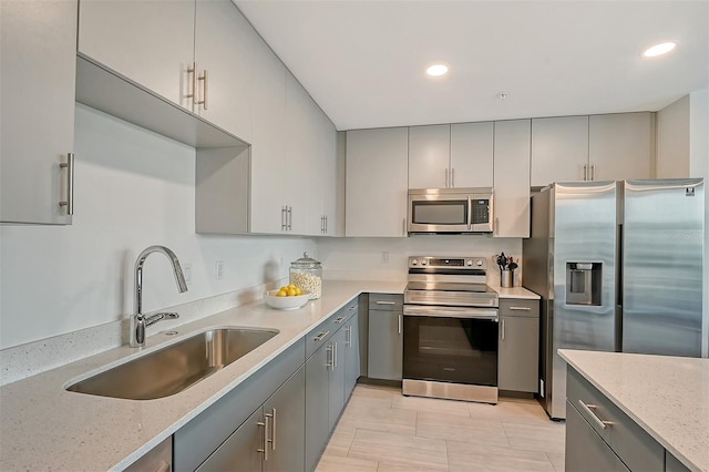 kitchen with sink, stainless steel appliances, and gray cabinets