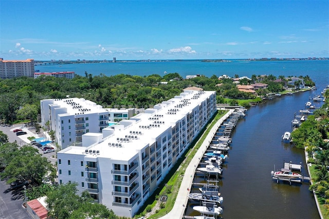 drone / aerial view featuring a water view