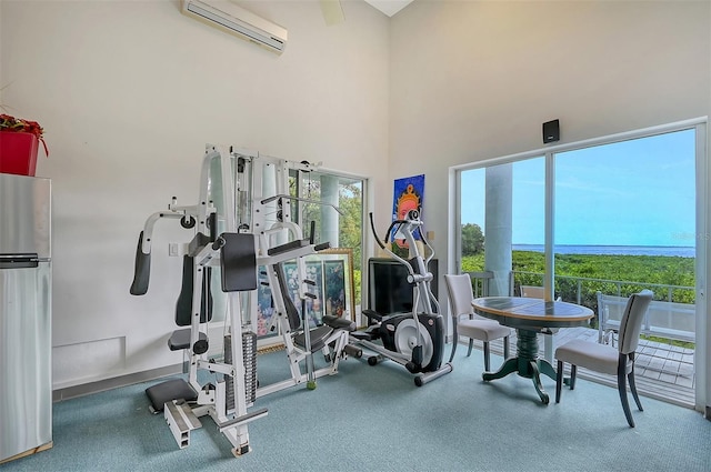 exercise room featuring a towering ceiling and an AC wall unit