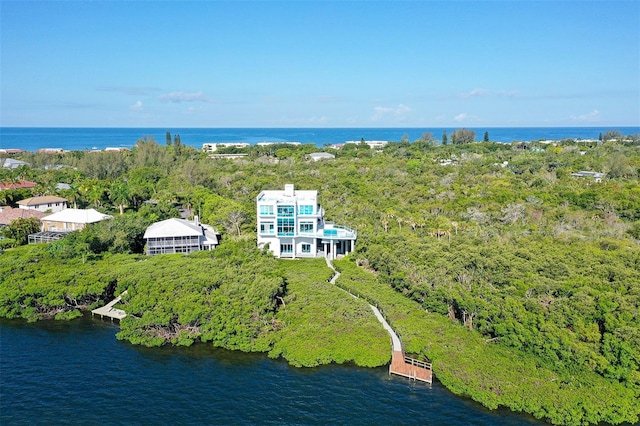 aerial view featuring a water view