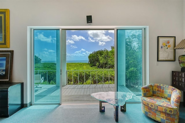 doorway to outside featuring carpet floors