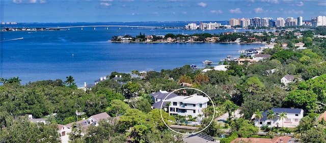 aerial view featuring a water view