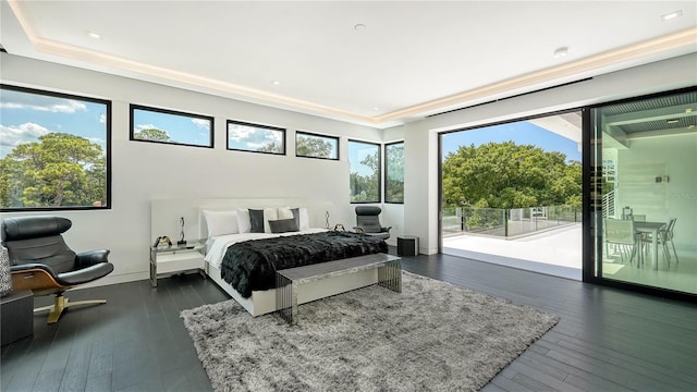 bedroom with access to outside, dark hardwood / wood-style flooring, and multiple windows