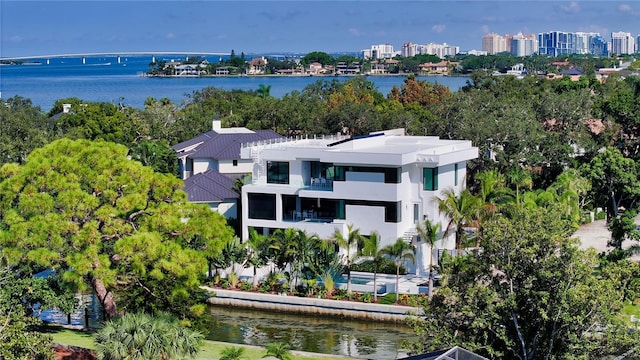 aerial view featuring a water view