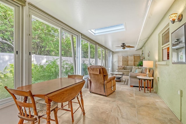 sunroom / solarium featuring a skylight and ceiling fan