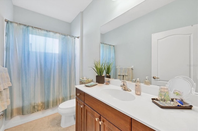 full bathroom featuring tile patterned flooring, vanity, shower / bath combination with curtain, and toilet