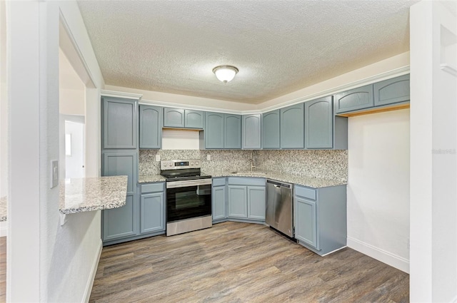 kitchen with hardwood / wood-style flooring, sink, light stone countertops, and appliances with stainless steel finishes