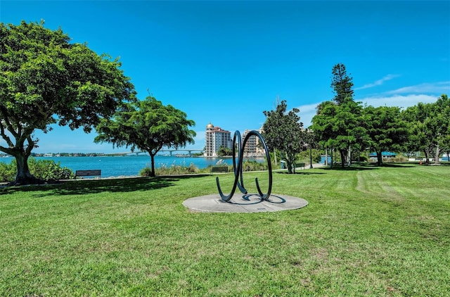 view of community featuring a water view and a lawn