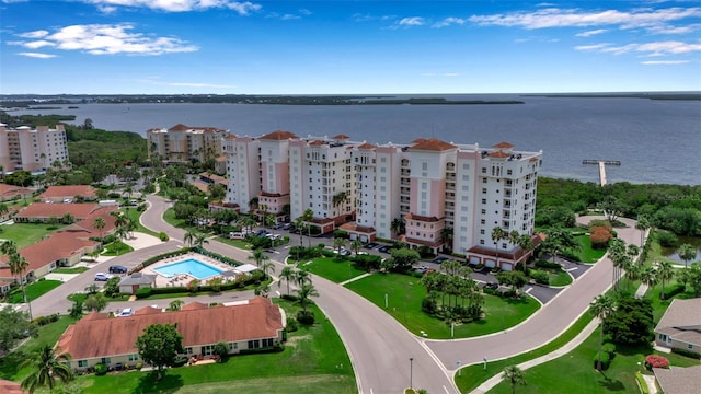 aerial view featuring a water view