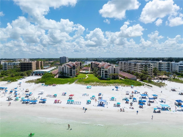 aerial view with a view of city, a beach view, and a water view