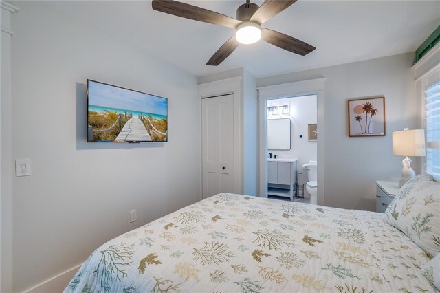 bedroom with connected bathroom, ceiling fan, and a closet