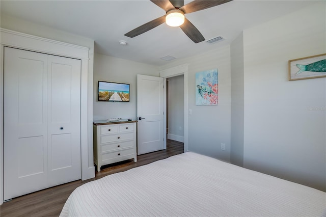 bedroom featuring a closet, ceiling fan, and dark hardwood / wood-style floors