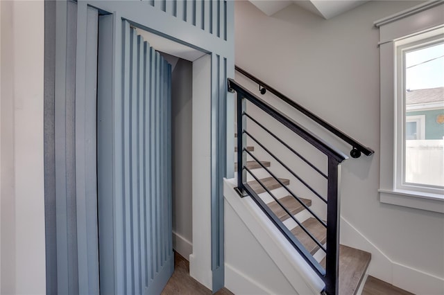 staircase featuring a wealth of natural light and hardwood / wood-style floors