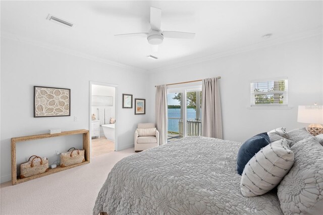 bedroom with crown molding, a water view, access to exterior, ceiling fan, and light carpet