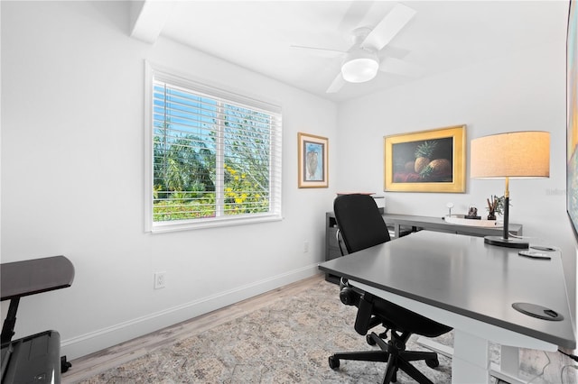 office space with a ceiling fan, baseboards, and wood finished floors