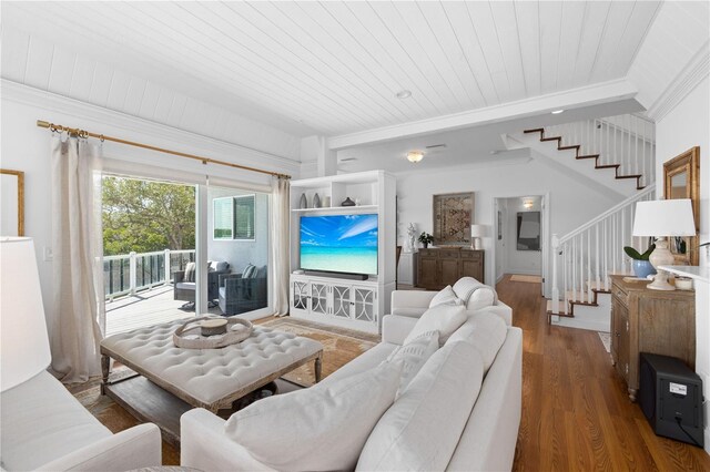 living room featuring wood ceiling and hardwood / wood-style floors