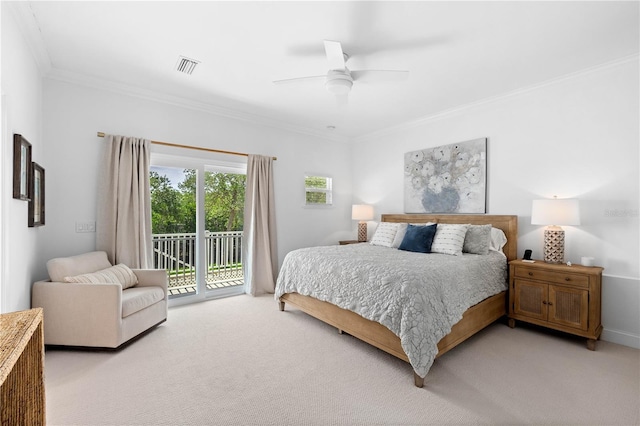 bedroom featuring light carpet, visible vents, a ceiling fan, access to exterior, and crown molding