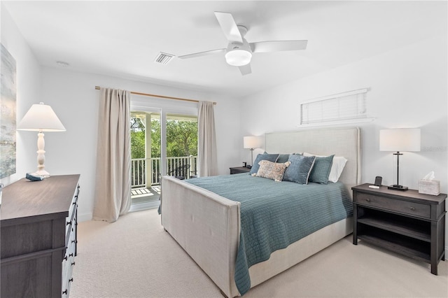 bedroom with light carpet, ceiling fan, visible vents, and access to exterior