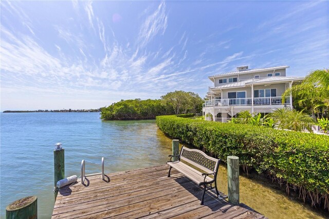 dock area with a balcony and a water view