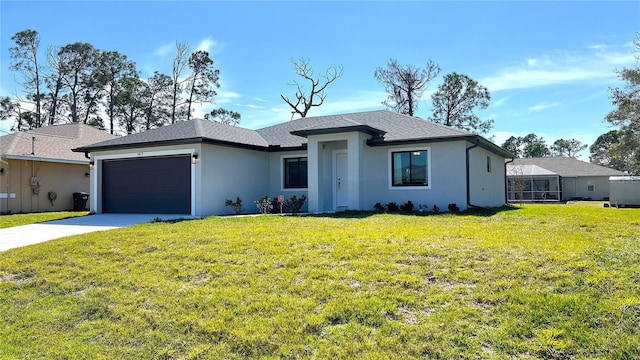 view of front of house with a garage, a front yard, and a lanai