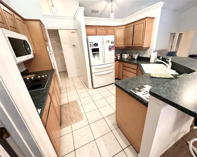 kitchen with sink, white appliances, kitchen peninsula, and light tile patterned floors