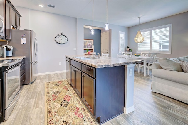 kitchen featuring appliances with stainless steel finishes, pendant lighting, an island with sink, sink, and dark brown cabinets