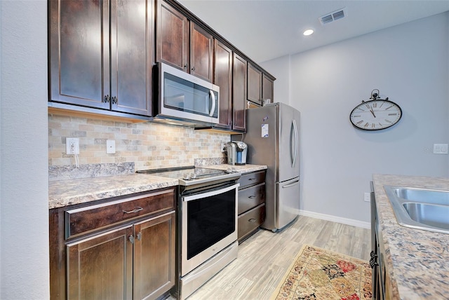 8930 Tuscany Isles Dr, Punta Gorda, FL 33950 - kitchen with stainless steel appliances, dark brown cabinets, tasteful backsplash, light countertops, and light wood-style flooring