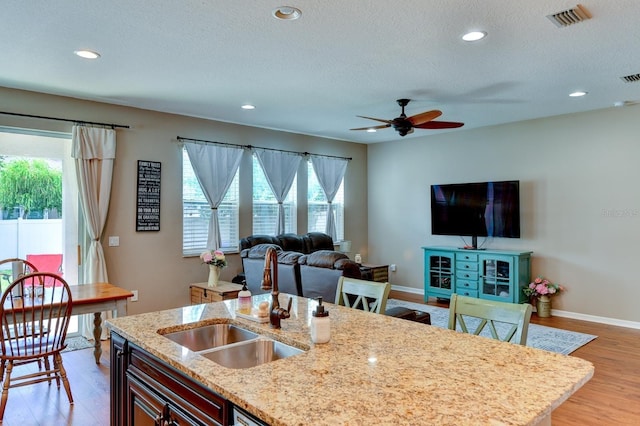 kitchen with light hardwood / wood-style floors, sink, a healthy amount of sunlight, and ceiling fan