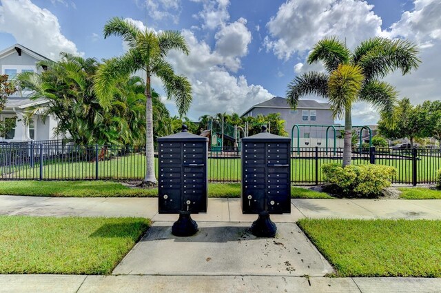 surrounding community featuring a yard and mail boxes