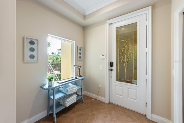 doorway with ornamental molding and tile patterned floors