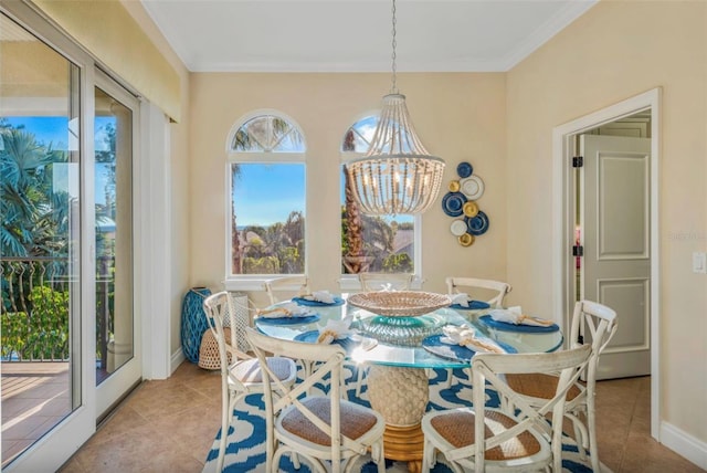 tiled dining space with crown molding and a notable chandelier