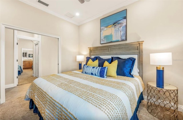 bedroom featuring light carpet and ornamental molding