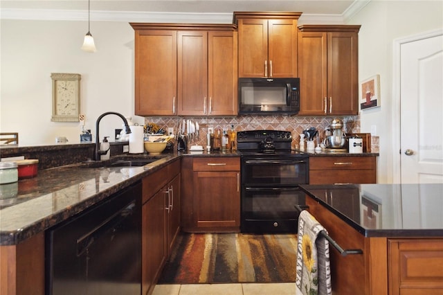 kitchen with black appliances, crown molding, backsplash, and a sink