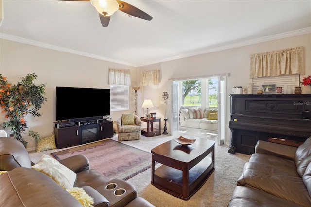 living room with light colored carpet, crown molding, and ceiling fan