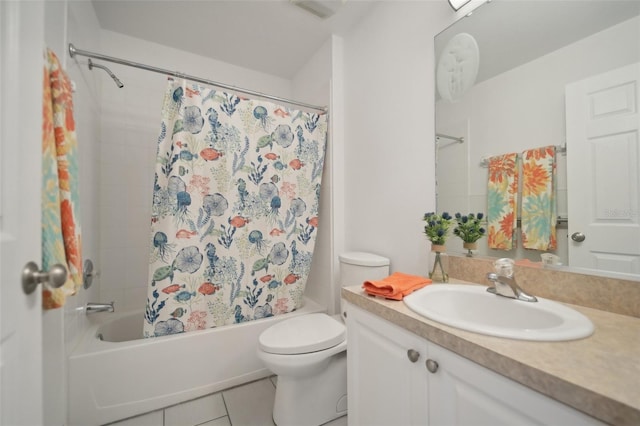 full bathroom featuring shower / bathtub combination with curtain, tile patterned flooring, vanity, and toilet