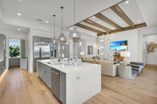 kitchen with decorative light fixtures, gray cabinets, and a kitchen island with sink