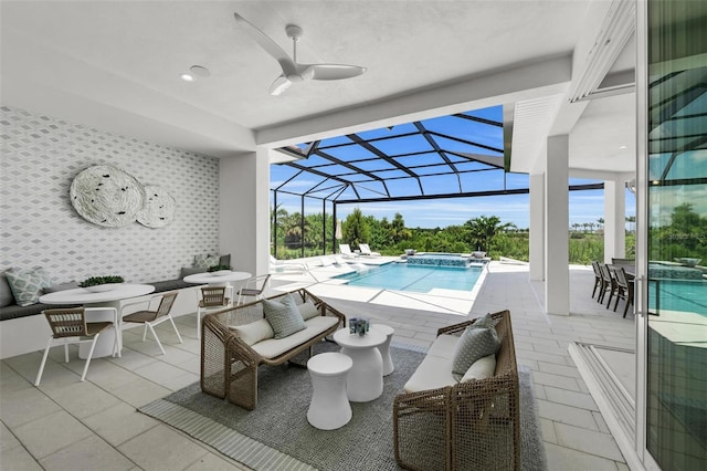 view of swimming pool with ceiling fan