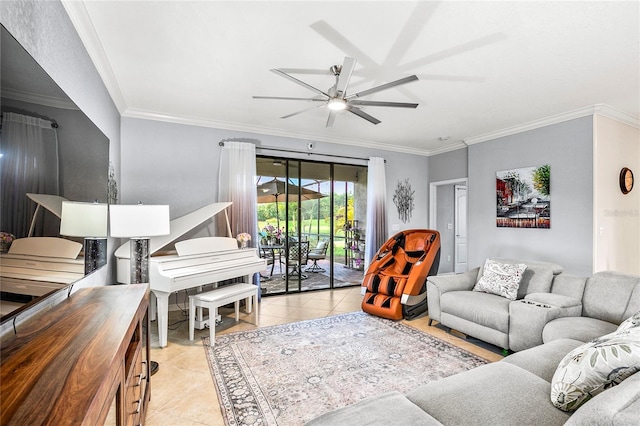 tiled living room with ceiling fan and crown molding