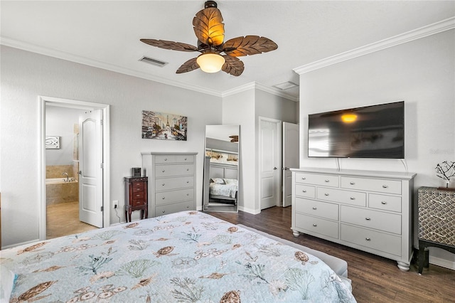 bedroom featuring dark hardwood / wood-style flooring, ensuite bathroom, ceiling fan, crown molding, and a closet