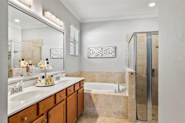 bathroom featuring vanity, separate shower and tub, and ornamental molding