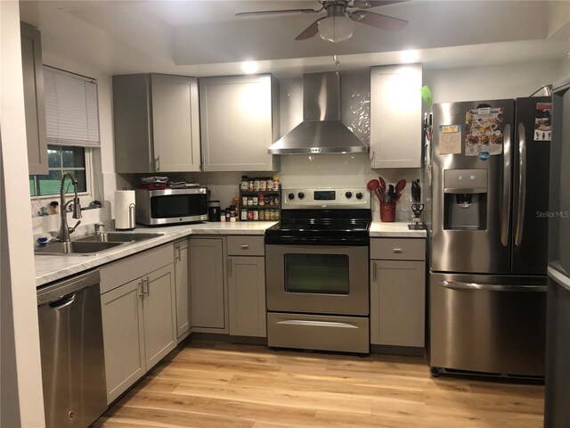 kitchen with sink, wall chimney range hood, appliances with stainless steel finishes, and gray cabinetry