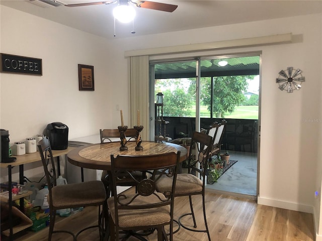 dining room with a ceiling fan, light wood-type flooring, visible vents, and baseboards