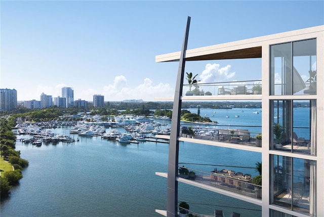 view of water feature with a view of city