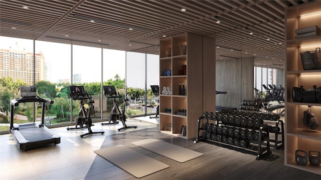 workout area with floor to ceiling windows and a city view